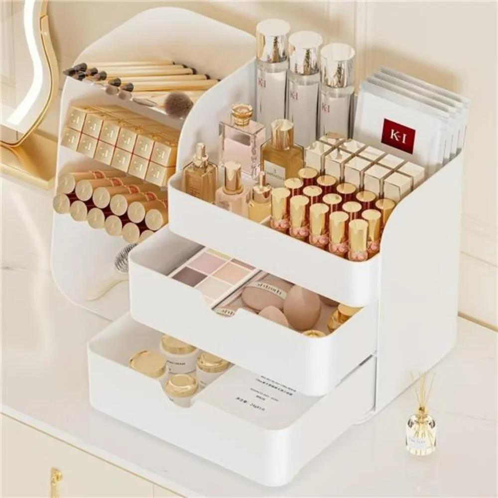 Large makeup organizer with drawers and brush holder vanity countertop storage